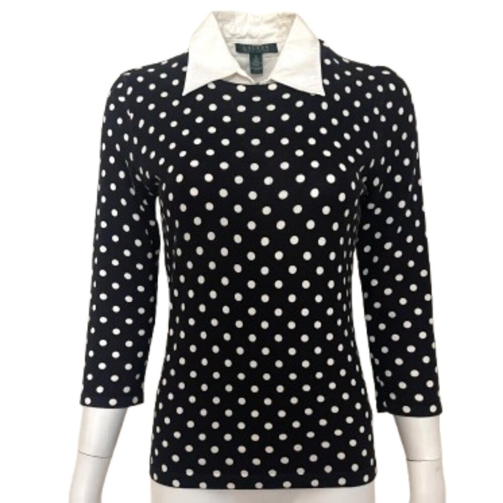 NWOT Ralph Lauren POLKA DOT WHITE COLAR KNIT TOP S - Picture 2 of 13